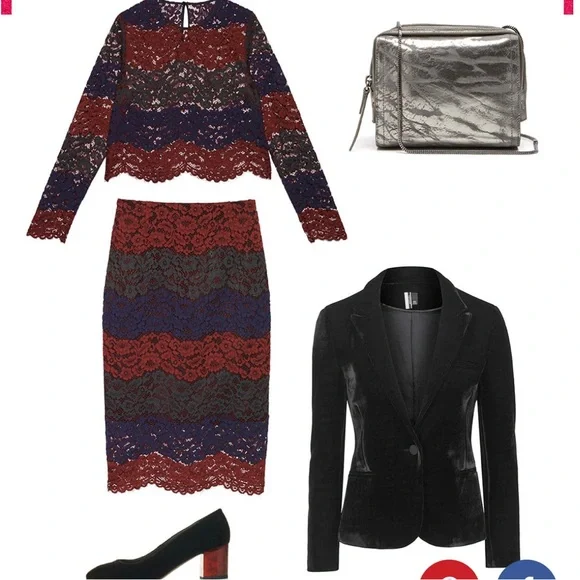 Sandro Red Blue Lace 2 Piece Long Sleeve Lined Pencil MIDI Skirt Set Size 3 US 8 - Picture 3 of 11